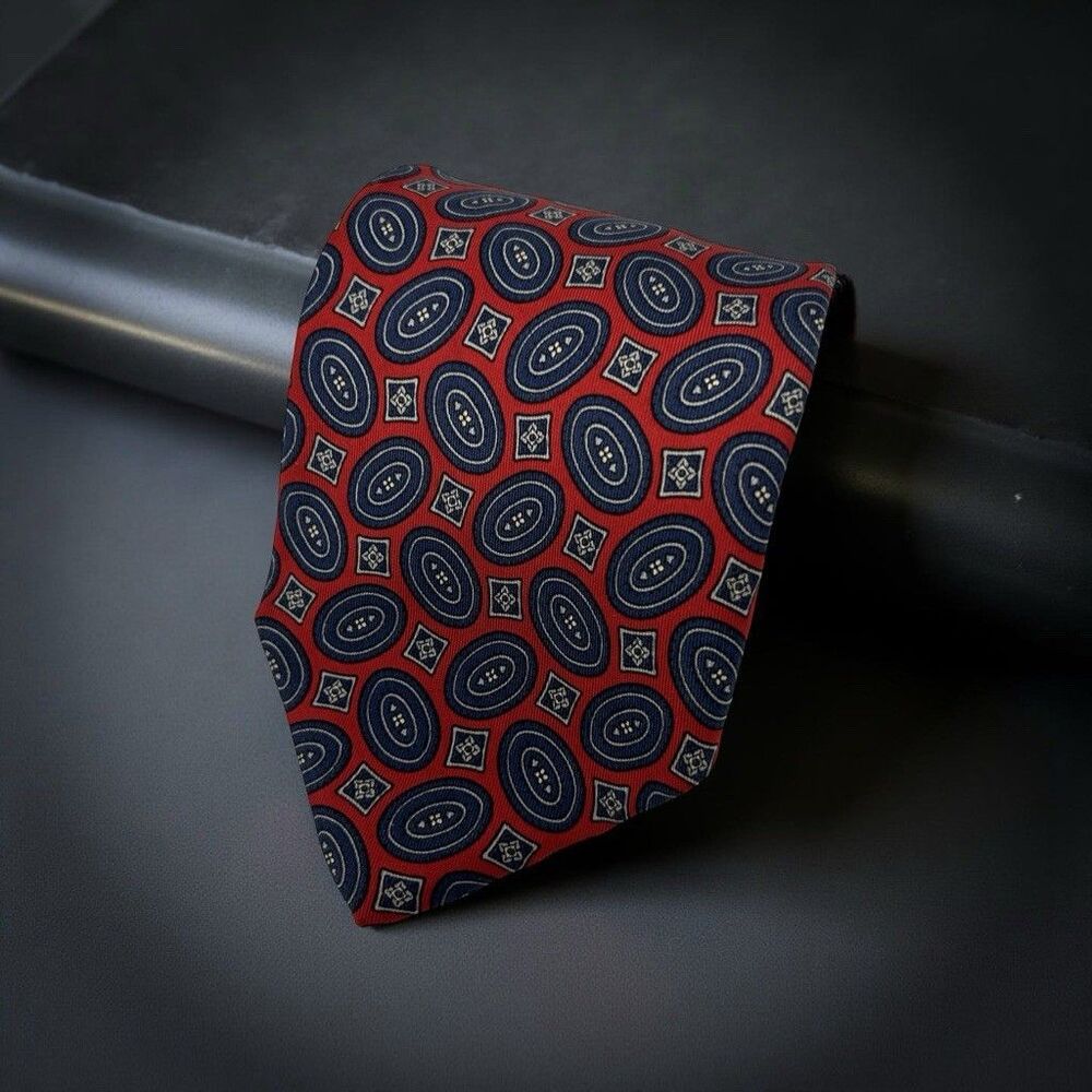 Robert Talbott Nordstrom Tie Red Navy Geometric Silk Hand Sewn  63.25"‎ x 3.75"